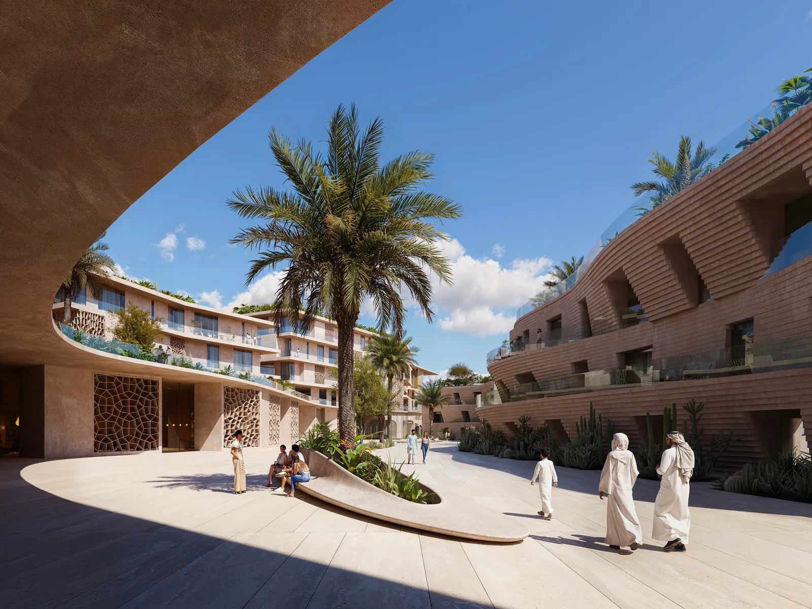 Landscaped courtyard between curved terracotta residential buildings, with a date palm at its centre