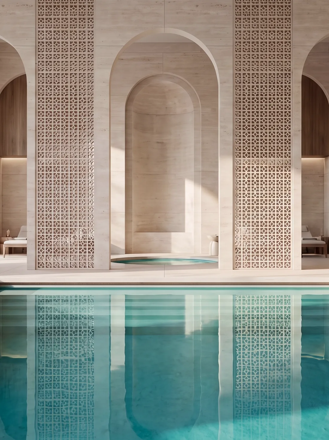 The arched indoor pool at the Mira Coral Bay spa, mashrabiya screens between the travertine piers