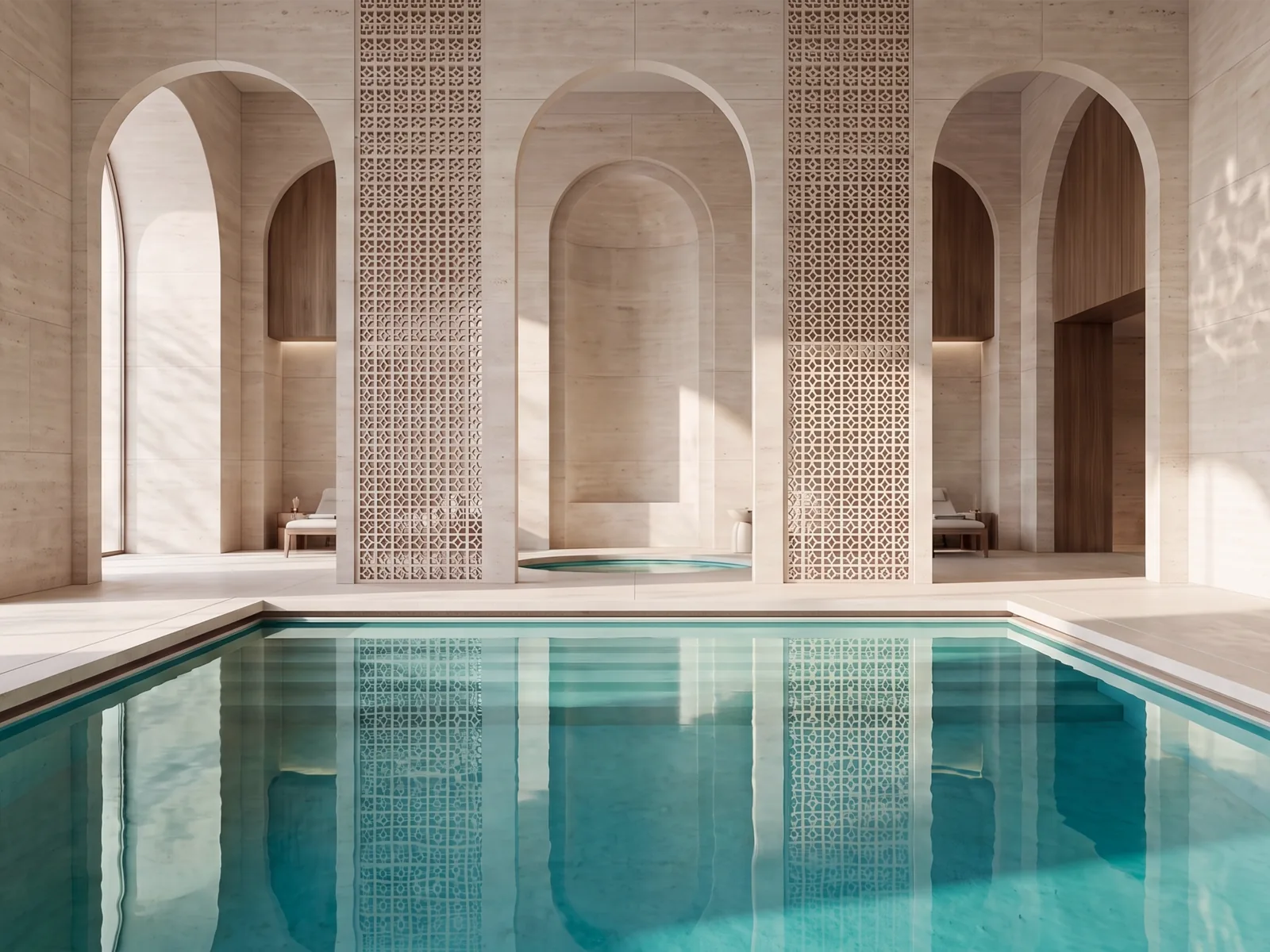 The arched indoor pool hall at the Mira Coral Bay spa