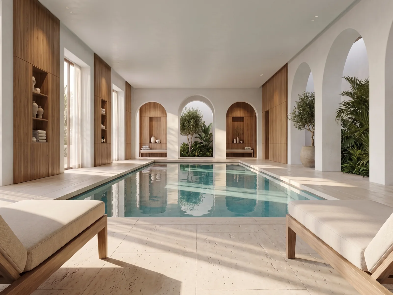 Loungers under the arched alcoves beside the spa pool