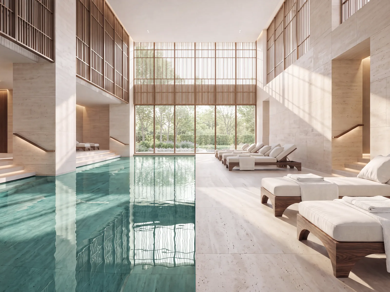The relaxation pool at the Mira Coral Bay spa, daybeds laid out along the double-height hall