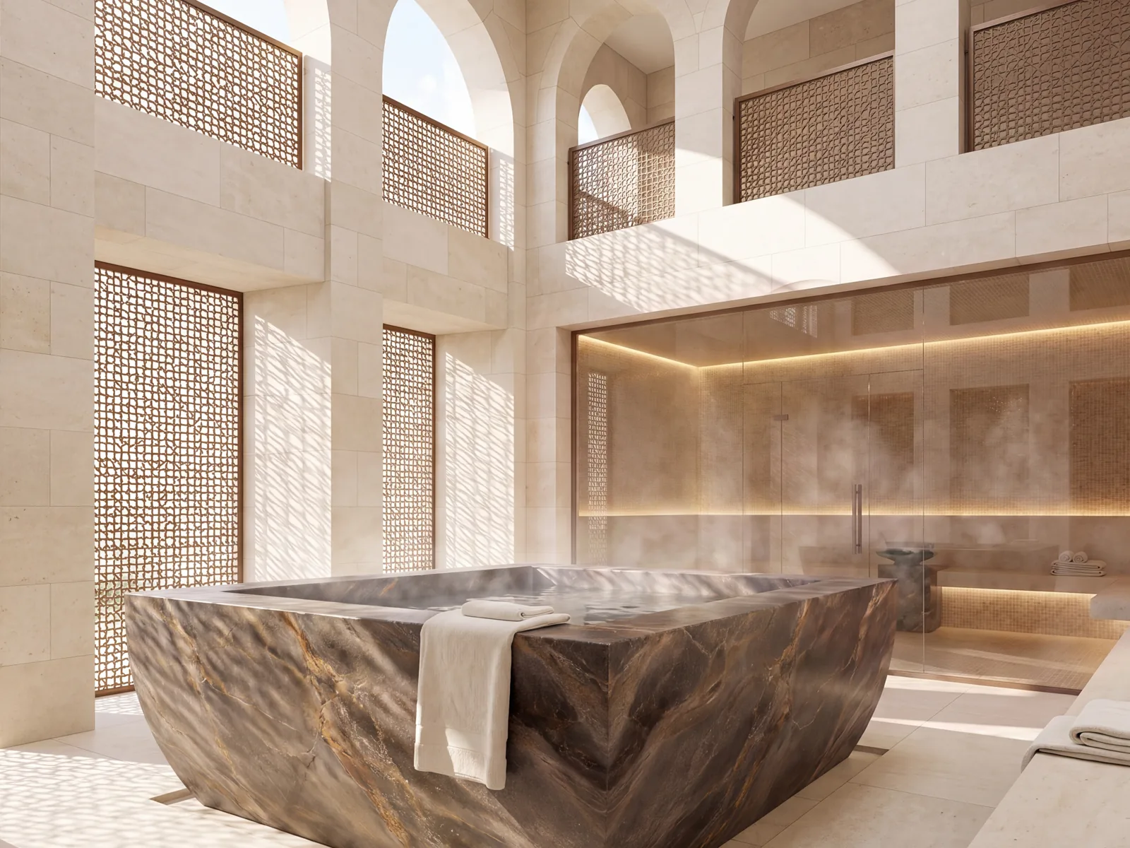 A stone bath at the spa, the steam room glazed behind it