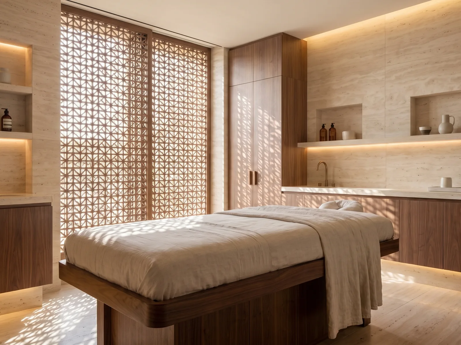 A treatment room at the spa, walnut joinery behind a mashrabiya screen