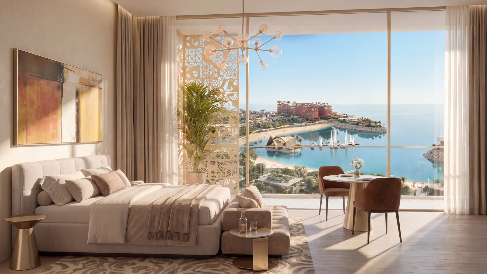 Ein Schlafzimmer in Richmond Residences, die Küste und vor Anker liegende Yachten hinter raumhohem Glas