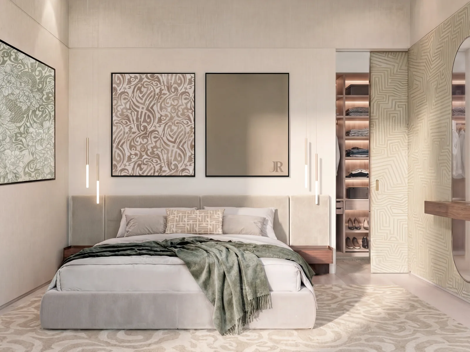 A bedroom at Richmond Residences hung with John Richmond artworks, the monogram set into the panel beside the walk-in wardrobe