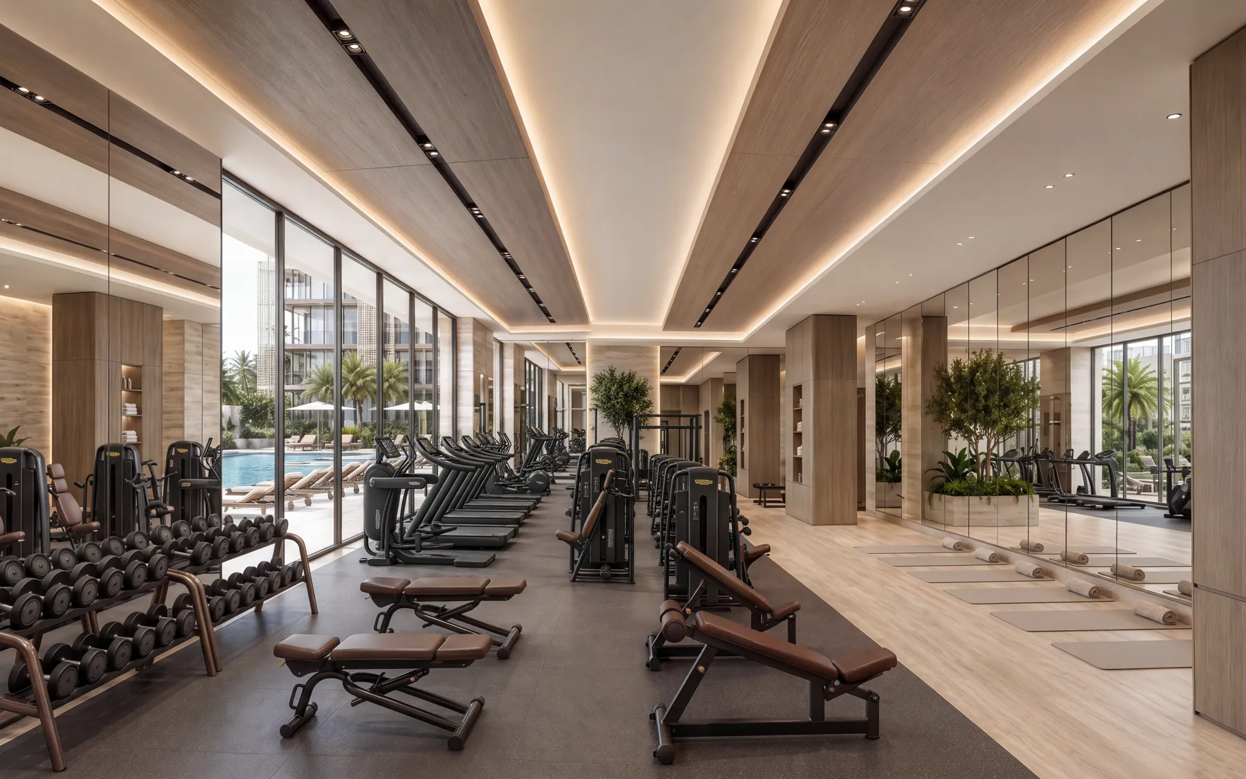 Der Fitnessbereich von Richmond Residences, Technogym-Geräte entlang der Poolverglasung