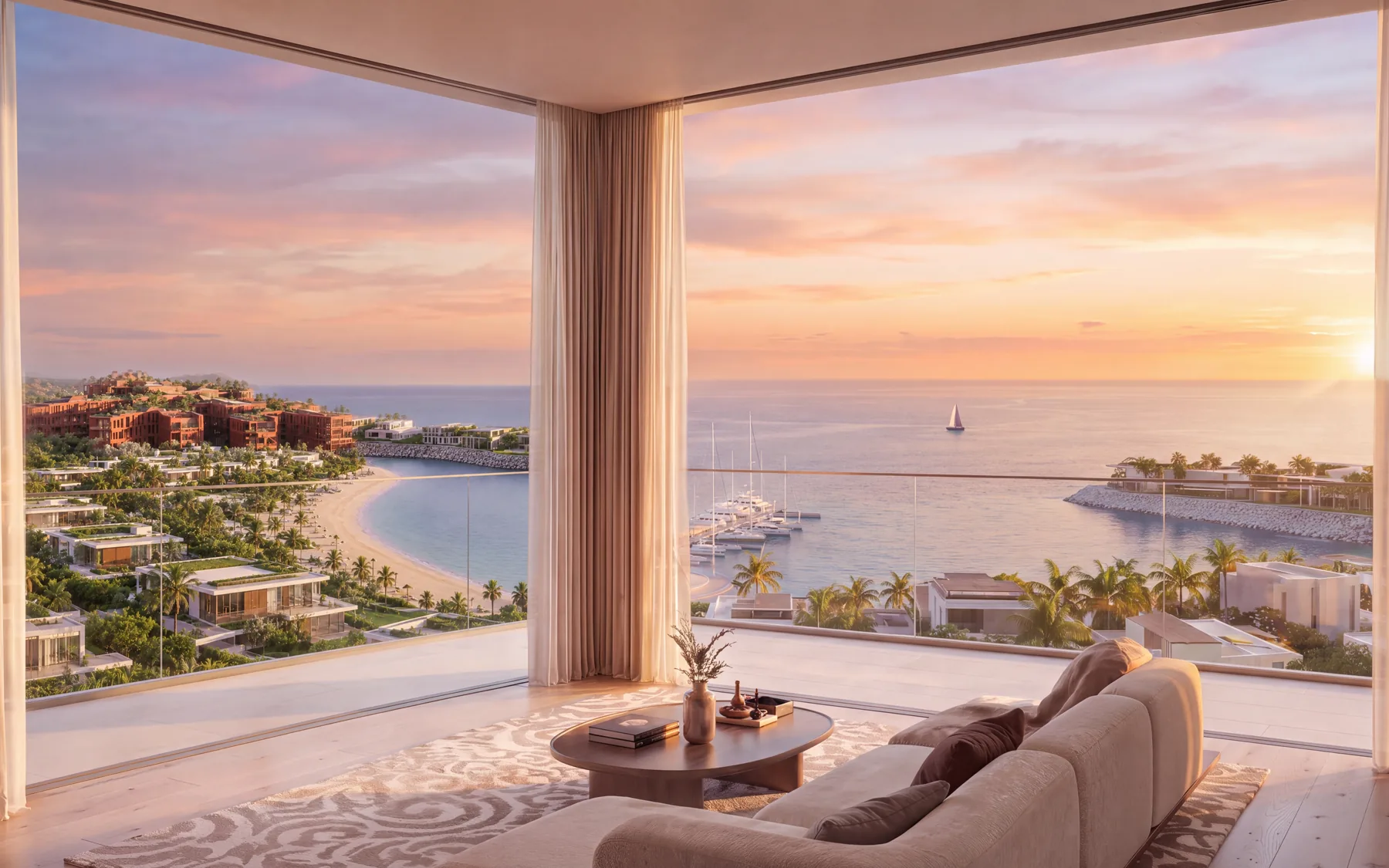 Dasselbe Wohnzimmer bei Sonnenuntergang, dahinter die Bucht und vor Anker liegende Yachten hinter der Eckverglasung