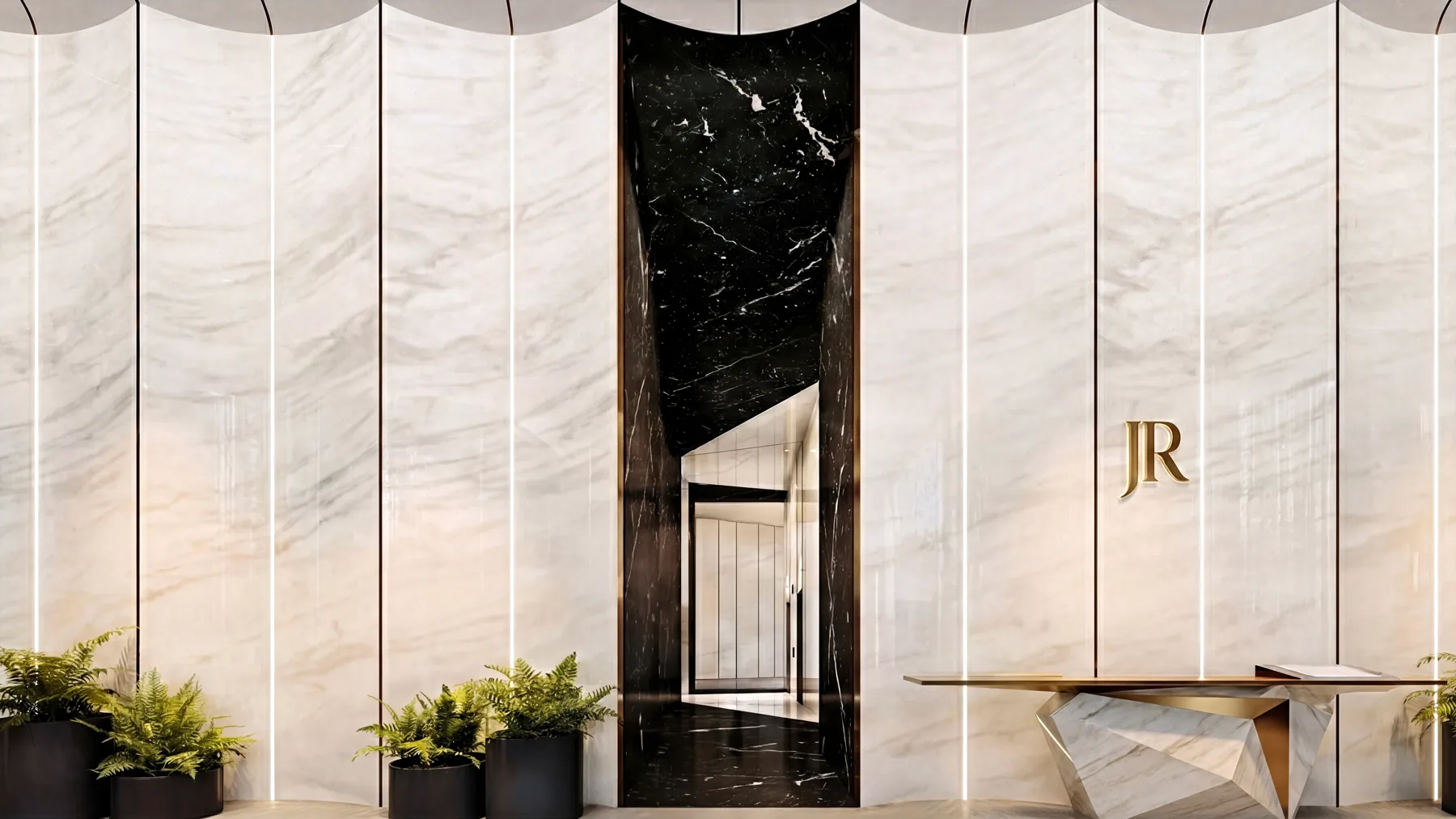 Die Empfangswand von Richmond Residences aus spiegelbildlich verlegtem Marmor, daneben der facettierte Steintresen