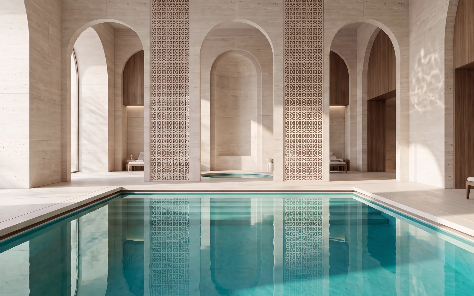 Der Spa-Pool von Mira Coral Bay unter Travertinbögen, am Ende ein Whirlpool