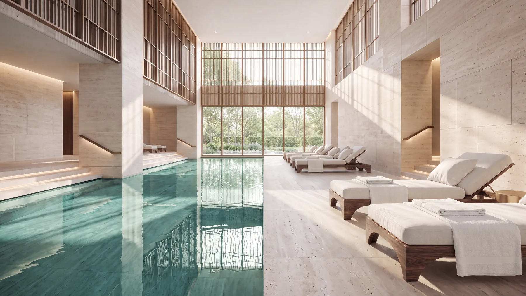 Der Spa-Pool von Mira Coral Bay, Liegen entlang der Travertinkante unter einem doppelgeschossigen Fenster