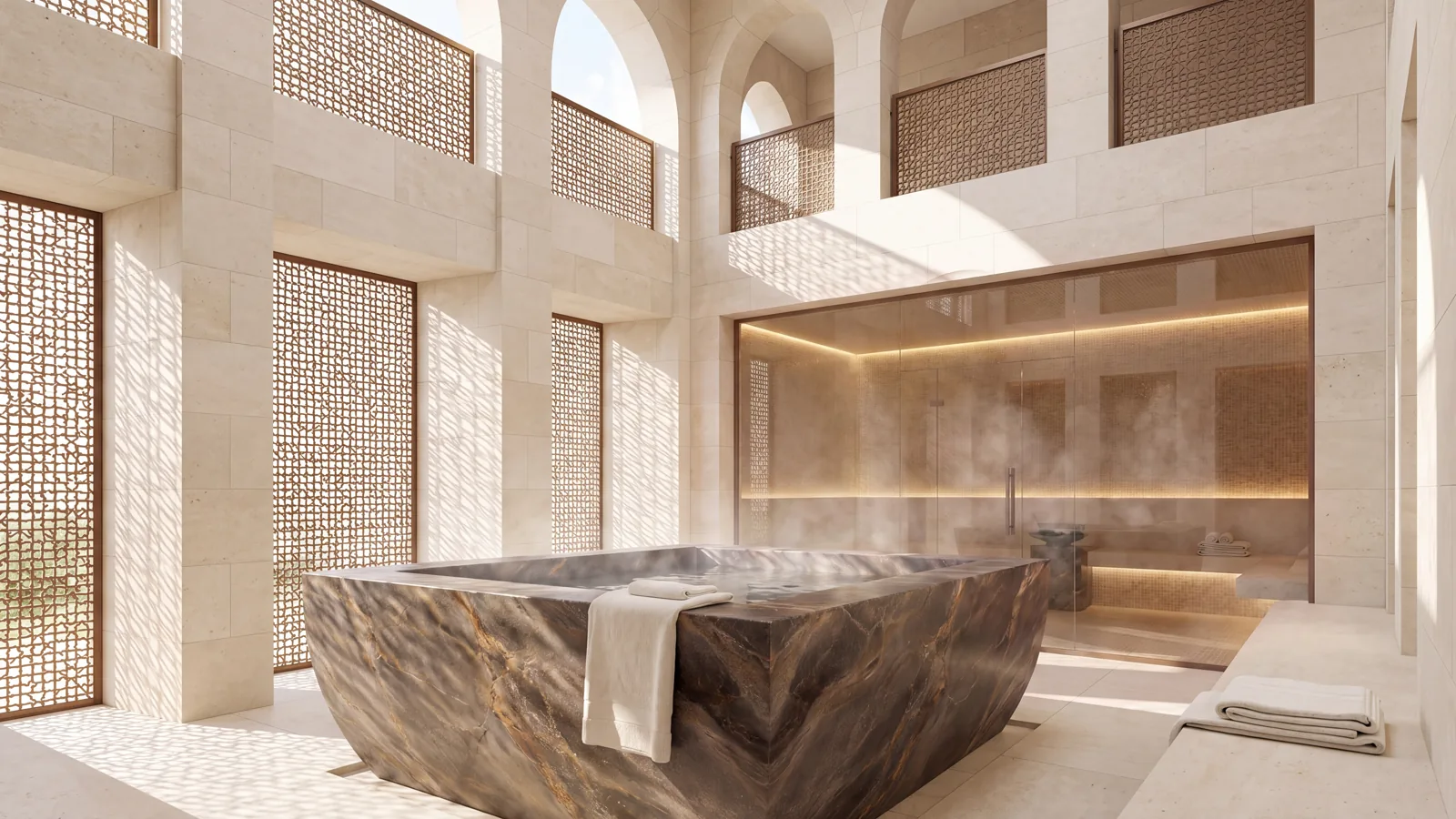 Ein Dampfbad und ein steinernes Tauchbecken im Spa von Mira Coral Bay